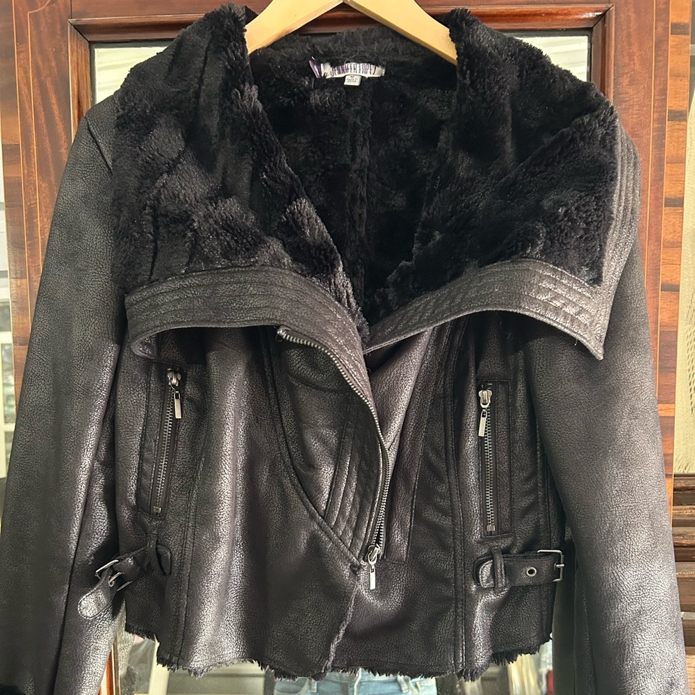 Jennifer Lopez Black Leather Jacket with Fur Collar